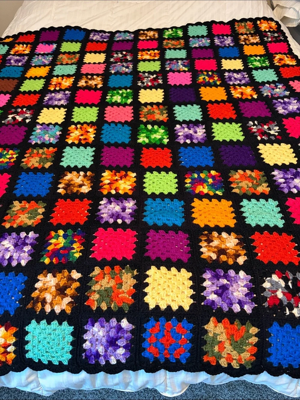 VIntage Handmade Multicolor Granny Square Crochet Blanket - Black Border